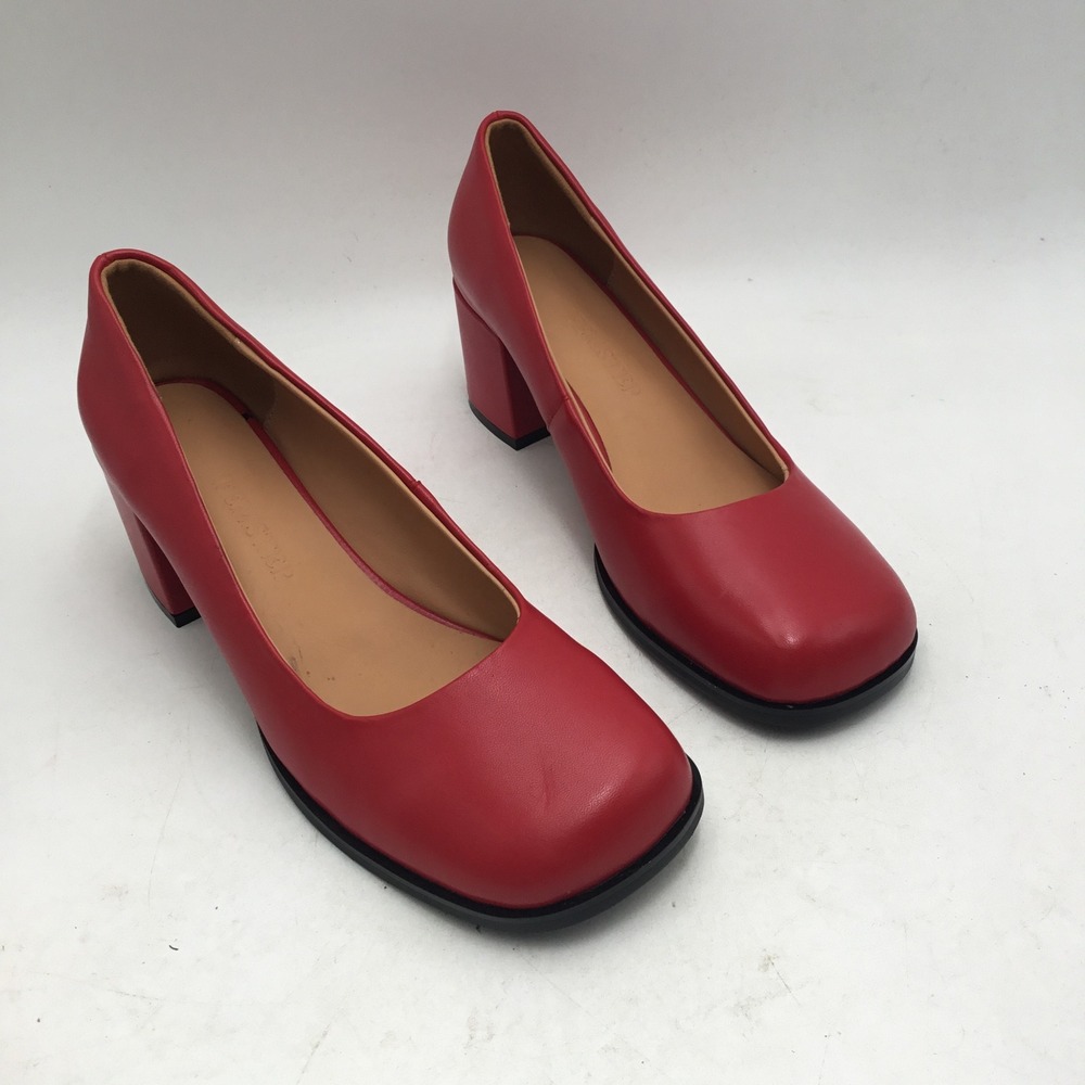 Femstep Womens Red Square Toe Block Heel Pumps
